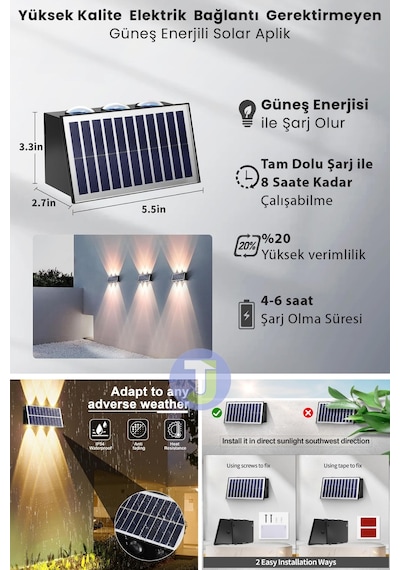 Technojet Solar Güneş Enerjili 6 Ledli Bahçe Aydınlatması Aplik Sarı Işık Led Lamba 2 Adet Siyah
