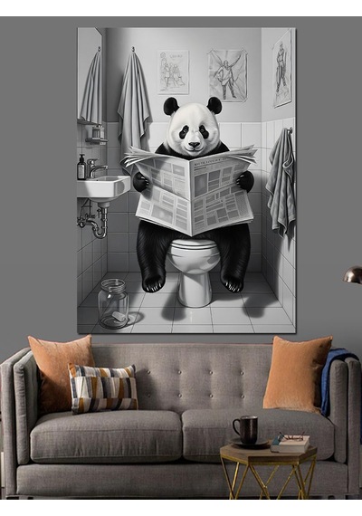 Ahşap Tablo Tuvalette Gazete Okuyan Panda