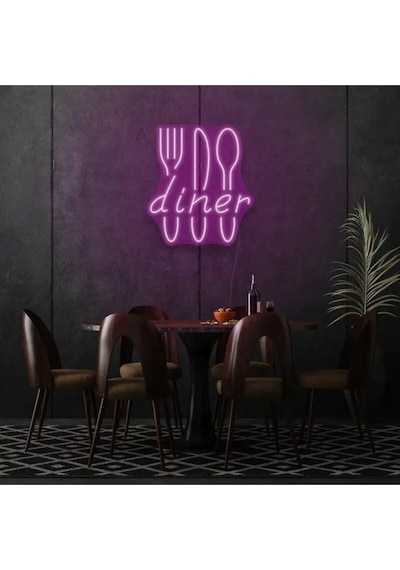 Restoranlara Özel Diner Yazılı Çatal,bıçak,kaşık Şekilli Neon Tabela Pembe