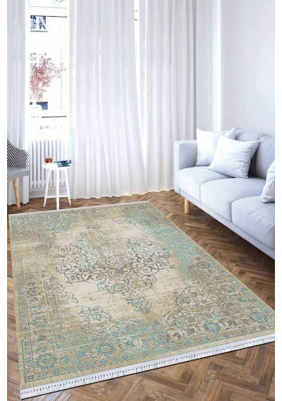 Mavi Klasik Göbekli Dokuma Pamuk Taban Kaymaz Kilim Klm073n11