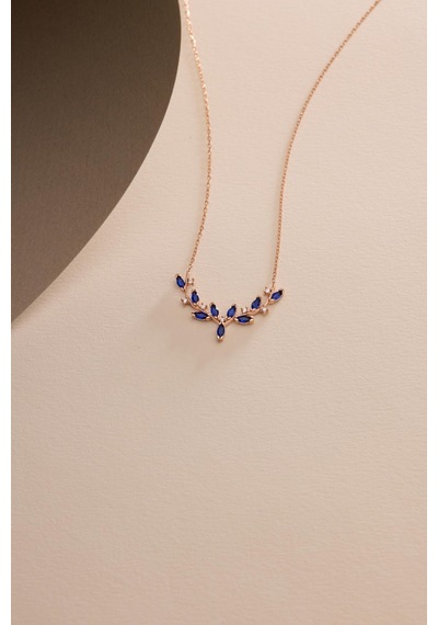 925 Ayar Gümüş Rose Kaplama Mavi Mekik Taşlı Zarif Sarmaşık Kolye Rose Gold