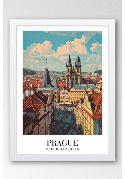 Prague Czech Republic Vintage Seyahat Posteri Çerçeveli Tablo - Premium Prag Elit Duvar Dekoru Beyaz