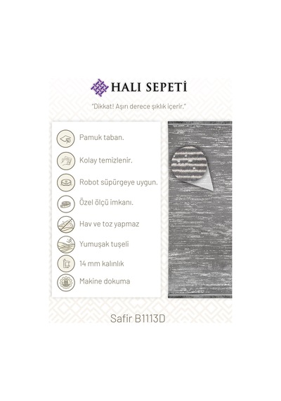 Halı Sepeti Safir B1113d Gri Halı 14mm Hav, Robot Süpürge Uyumlu Salon & Koridor Halısı Açık Gri