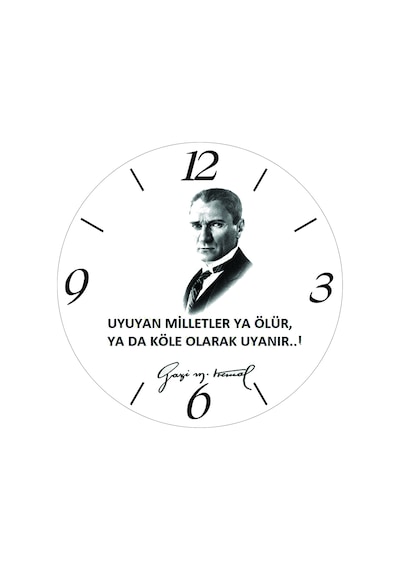 Atatürk Uyuyan Milletler İmza Beyaz Zemin Çap 30cm Sessiz Akar Bombeli Gerçek Cam Duvar Saati Beyaz