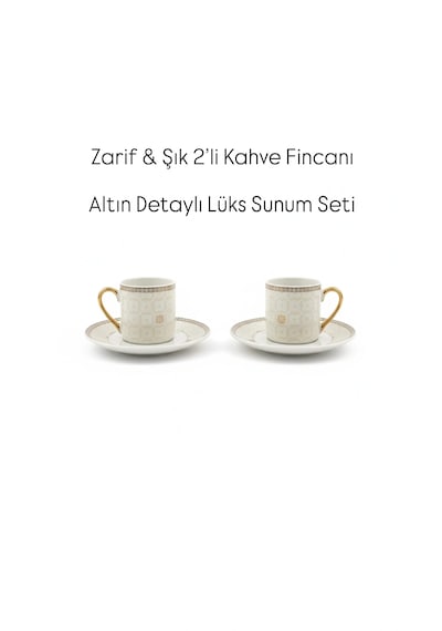 Altın Detaylı 2 Li Kahve Fincanı Seti Lüks Porselen Türk Kahvesi Fincanı-şık Hediye Fincan Takımı Altın - Krem