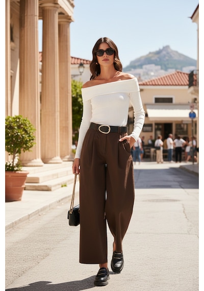 Lela Wide Leg Yüksek Bel Geniş Paça Kemerli Bayan Pantolon 68351223 Kahve