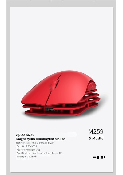 M259 Alüminyum Magnezyum Alaşımlı Oyuncu Mouse, Pixart Paw3395 Optik Sensör, 26000 Dpı 2.4ghz / Usbc Diğer