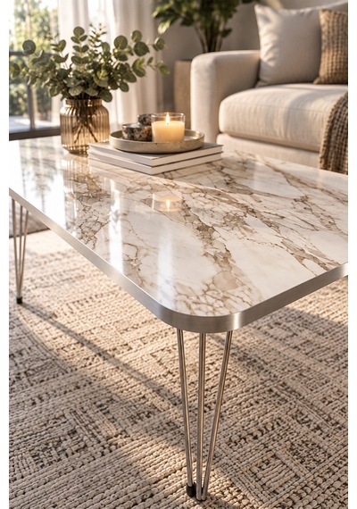 Sulorahome Gümüş Tel Ayaklı Mermer Desenli Beyaz Orta Sehpa 90x50 Cm Beyaz Mermer