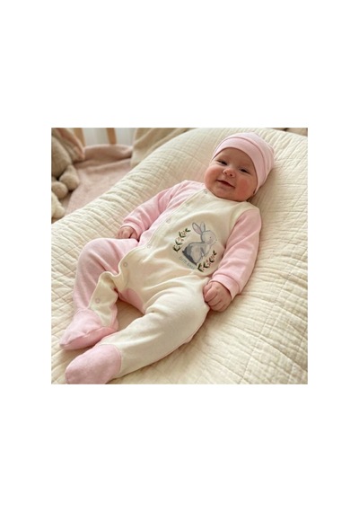 Babysena Tavşan Baskılı Kız Bebek Tulum Takımı Pembe