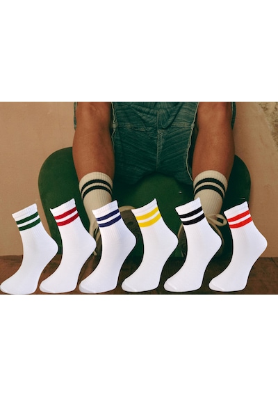 Silk Step 6'lı Paket Kadın, Renkli Çemberli Günlük Kolej - Tenis Çorabı Beyaz Zemin 6 Farklı Çember Rengi Beyaz