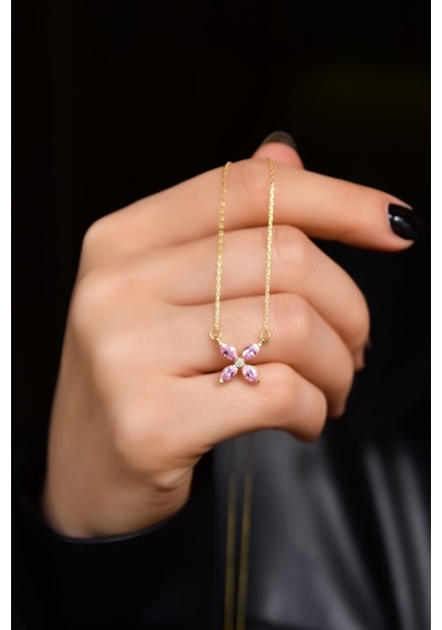 Papatya Silver 925 Ayar Gümüş Gold Kaplama Pembe Zirkon Taşlı Plumeria Kolye