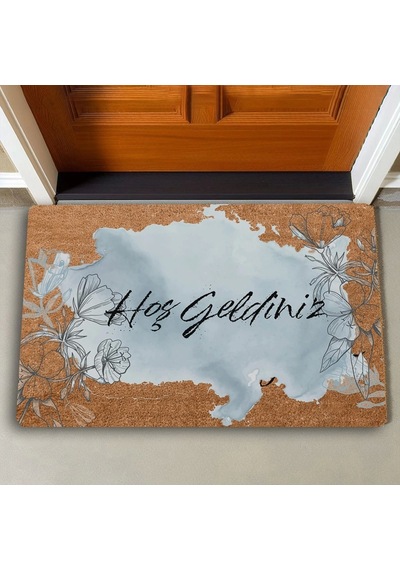 Valerine Life Kara Kalem Gelincik Mavi Renk Hoş Geldiniz Kapı Önü Paspası 45x70cm