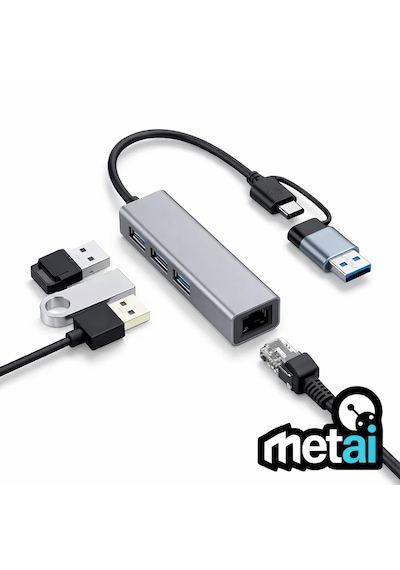 Metai Type-c Hub Adaptör 4in1 3x Usb 3.0 + 1000 Mbps Gigabit Ethernet Rj45 Lan Dönüştürücü