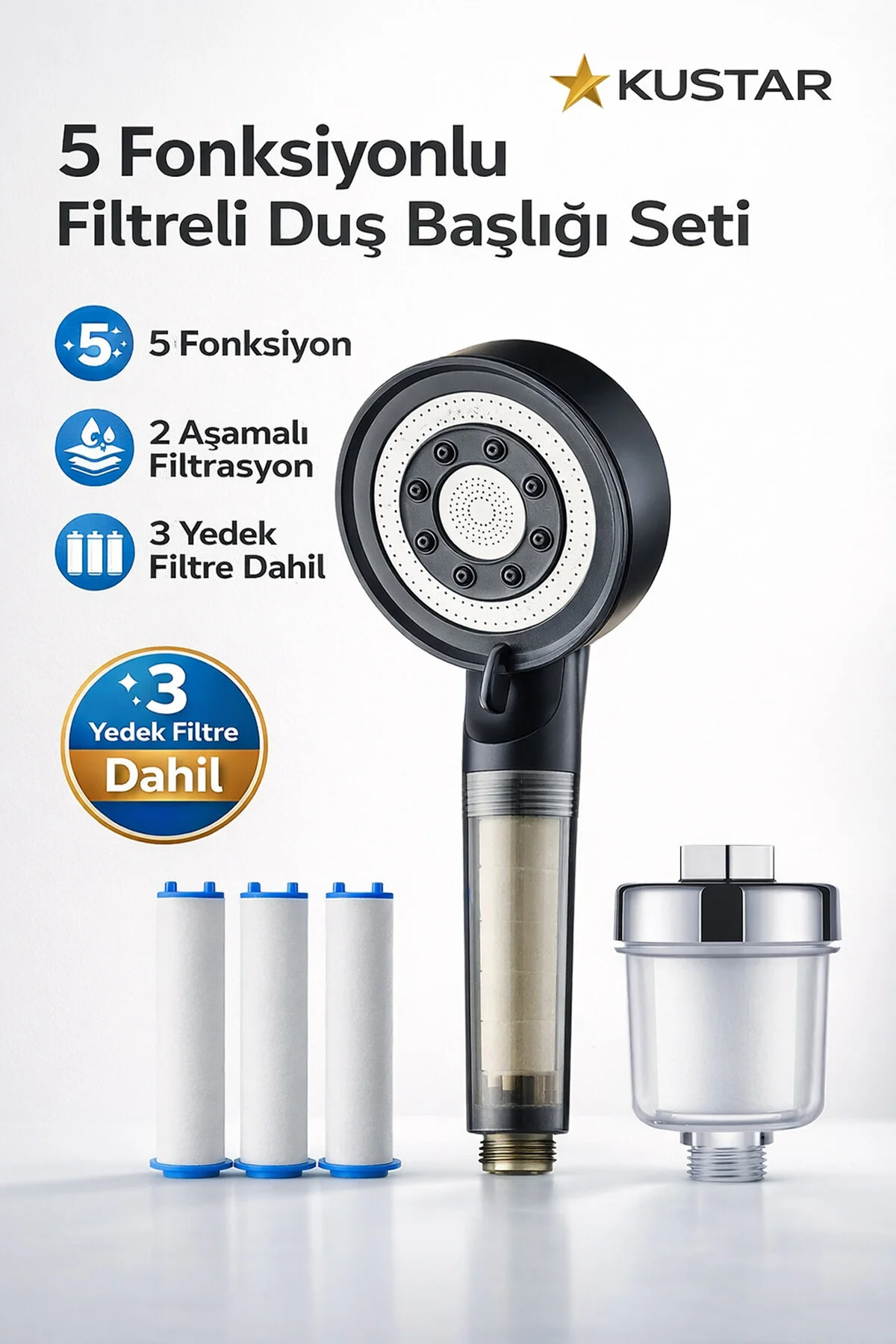 Filtreli Duş Başlığı Seti 3 Yedek Filtre Harici Arıtma Aparatı 2 Aşamalı Filtrasyon Siyah