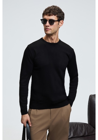 Grımelange Varex Erkek Yuvarlak Yaka Basic Slim Fit Triko Siyah Kazak Siyah