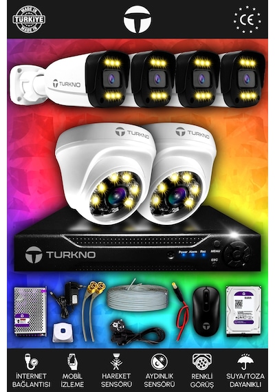 Turkno 6 Kameralı Ultia 2 İç Kamera Set 500 GB 5 MP 2K Net Renkli Gece Görüşlü Güvenlik Kamerası Sistemi