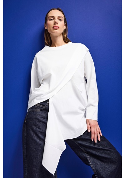 it's basic Kadın Beyaz W5 Oversize Çift Parça Tasarım Gömlek Sweatshirt