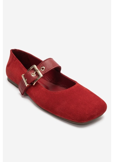 Luvi Shoes Jonas Kırmızı Süet Hakiki Deri Kemerli Kadın Babet Ayakkabı