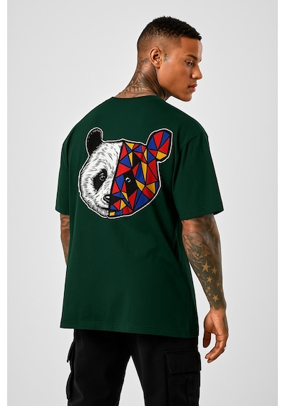 Panda Baskılı Oversize Siyah T-shirt Yeşil