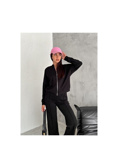 Winmoda34 Kadın Modal Kumaş Kolej Yaka Fermuarlı Cepli Bol Paça Takım Siyah