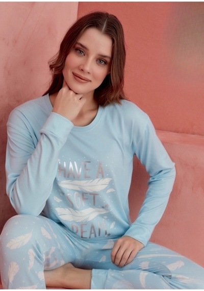 Kadın Baskı Detaylı Uzun Kollu Likralı Pijama Takım Mavi