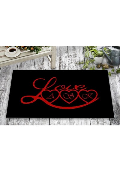 Love 40x70 Cm Dekoratif Kapı Önü Paspası Dijital Baskılı, Kaymaz Pvc Tabanlı, İnce Ve Şık Tasarımlı İç Dış Kapı Paspası Kırmızı Siyah