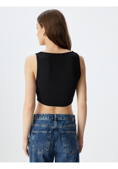 Koton Crop Korse Görünümlü Üst Kolsuz Kare Yaka Siyah 5wak10254ek Siyah