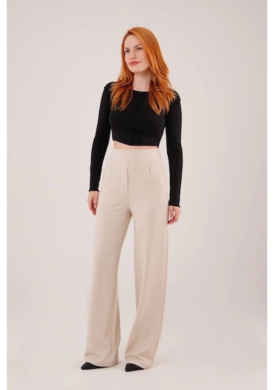 Defymoda Yüksek Bel Bol Paça Krep Krem Pantolon Krem