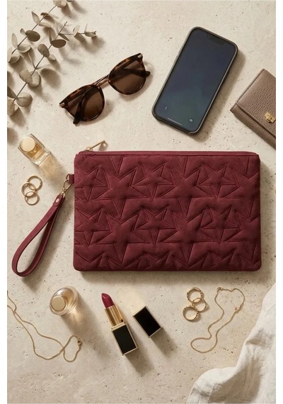 Adelina Bags Süet Yıldız Nakış İşlemeli Portföy El Çantası Bilek Askılı Astarlı Süet Clutch Çanta Bordo