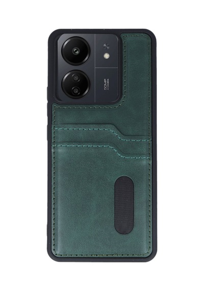 Xiaomi Poco C65 Uyumlu Deri Kartvizitli Kartlıklı Premium Telefon Kılıfı Kapak Koyu Yeşil