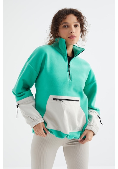 Tommy Life Deniz Yeşili Etek Ucu Büzgülü Yarım Fermuarlı Oversize Kadın Polar Sweatshirt - 97238 Yeşil