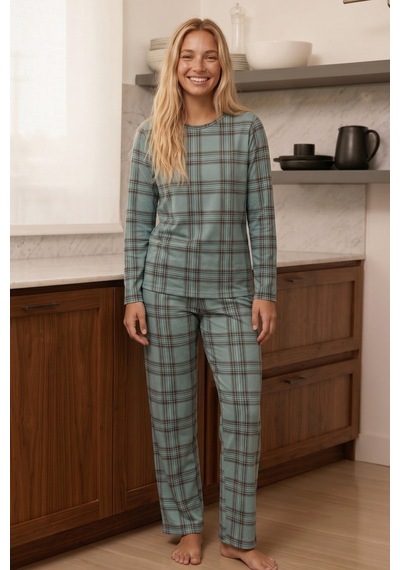 Siyah İnci Desenli Termal Kumaşlı Ultra Soft Yumuşak Örme Pijama Takımı 26226308 Yeşil