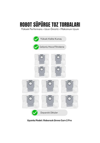 Roborock Qrevo Curv 2 Pro İle Uyumlu 10'lu Toz Torbası 21.0
