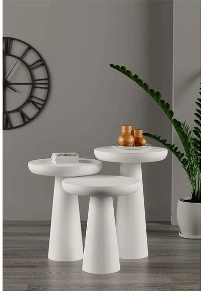 Wood Wooden Mat Beyaz 3 Lü Set Mantar Yan Sehpa Fiskos Çiçeklik Decorative Beyaz