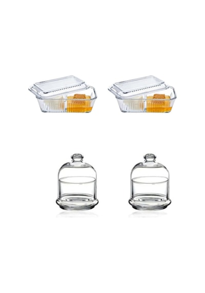 Paşabahçe Kahvaltılık Cam Saklama Kabı 4'lü Set, Tereyağlık Bal Reçel Kabı, Beyaz Çok Renkli