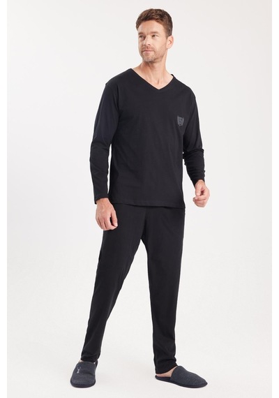 Tudors Erkek Standart Fit %100 Pamuk V Yaka Beli Lastikli Siyah Pijama Takımı-37939 Siyah