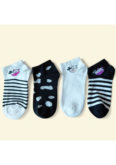 Heren Socks Heren İnek Desen Detaylı 4'lü Dikişsiz Kadın Patik Beyaz - Gri - Siyah