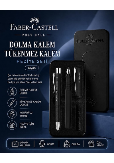 Faber-castell Poly Ball Dolma Kalem Ve Tükenmez Kalem Metal Kutulu Hediye Seti Siyah