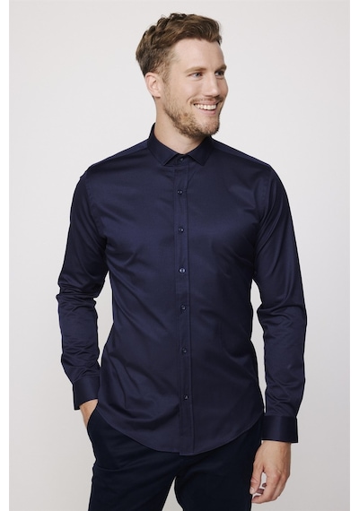 Tudors Slim Fit Likralı Düz Pamuk Saten Lacivert Erkek Gömlek-27731-lacivert Lacivert