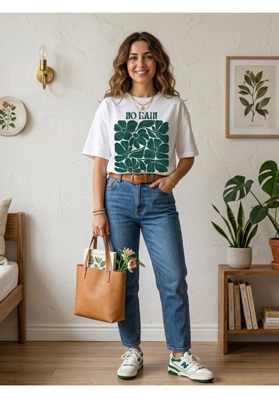 No Rain No Flowers Baskılı Oversize Beyaz Kadın T-shirt Beyaz