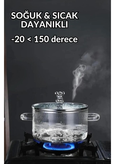 Ayıcık Detaylı Isıya Dayanıklı Borasilikat Cam Tencere 2000 Ml Gümüş