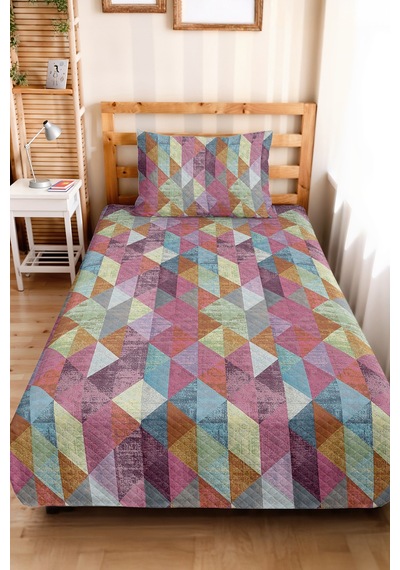 Geometrik Pembe Genç Odası Tek Kişilik Pike Takımı - Modern Mint 160x220 Cm Kapitone Yatak Örtüsü Melez Kakao Kıyısı