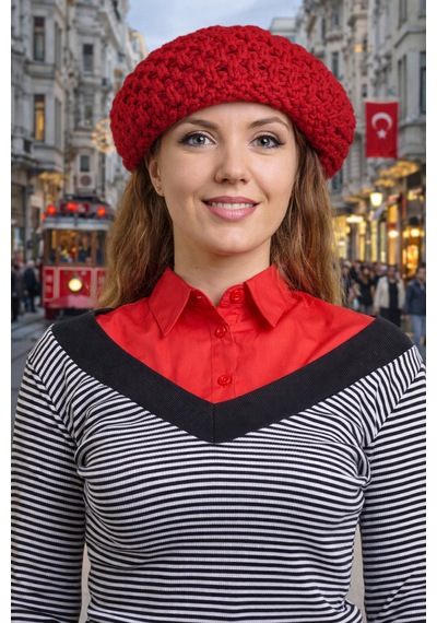 Kadın Fransız Ressam Bere Kırmızı Triko Kırmızı