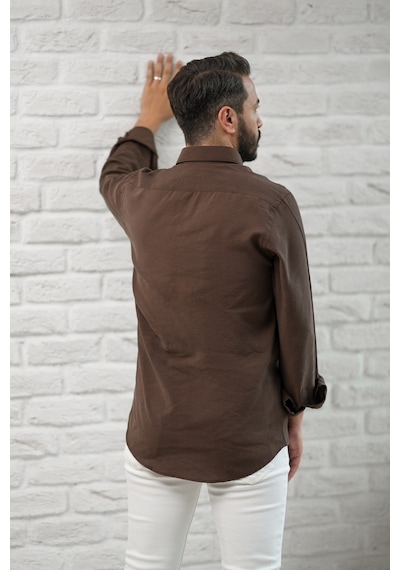 Regular Fit Yaka Düğmeli Yazlık Modal Kumaş Erkek Gömlek Kahverengi