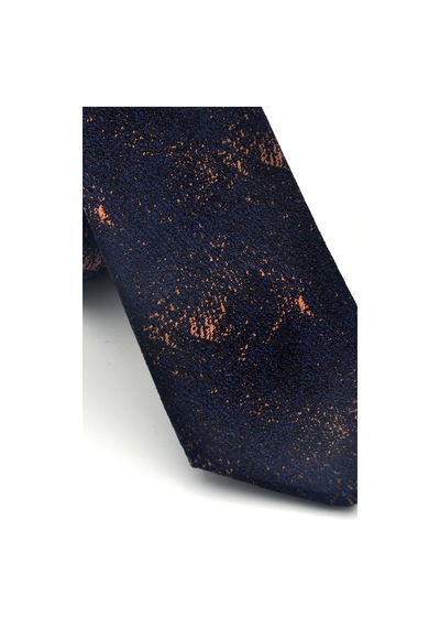 Gaffy Kahverengi Desenli Lacivert Dokuma Kumaş Mendilli Slim Fit Kravat // Sdk-2613-5 Kahverengi