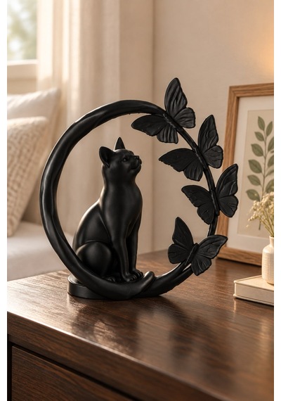 Kelebeklerle Çevrili Zarif Kedi Figürlü Dekoratif Biblo 30468074