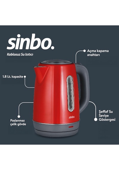 Sk-8031 Su Isıtıcı Kettle Paslanmaz Çelik, 1.8 L, Inox, Otomatik Kapanma Kırmızı