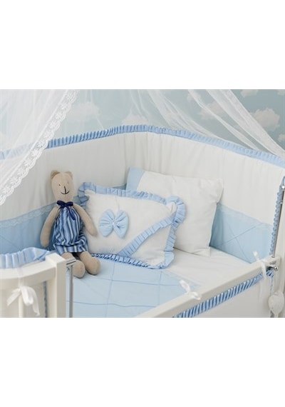 Meltem Kids Bambino Sallanır Ahşap Anne Yanı Beşik 70x110 CM (Beyaz-Mavi) Mavi