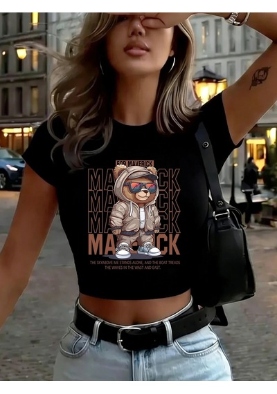 Tarzsokak Maverick Sport Bear Baskılı Kadın Babby Tees Yaz İnce O-boyun Tişörtleri Yumuşak Kısa Kollu T Siyah