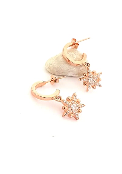 Zirkon Taşlı 925 Ayar Gümüş Rose Kutup Yıldızı Sallantılı Küpe